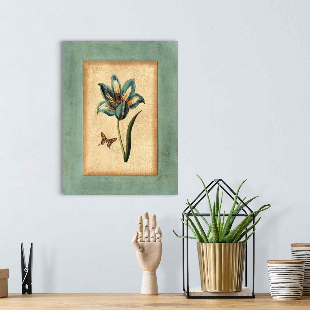 A bohemian room featuring Contemporary artwork of a blue tulip with a butterfly in a vintage illustrative style.