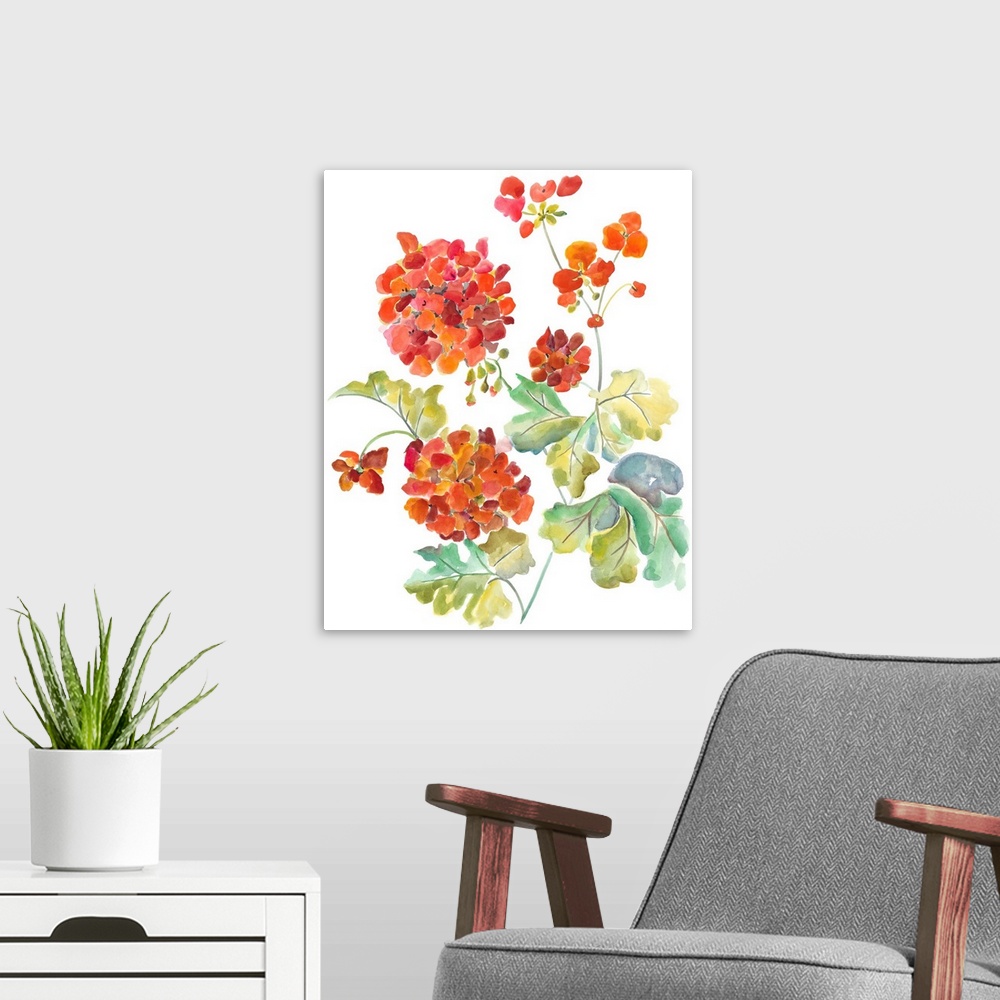 A modern room featuring Watercolor painting of red and orange flowers against a white background.