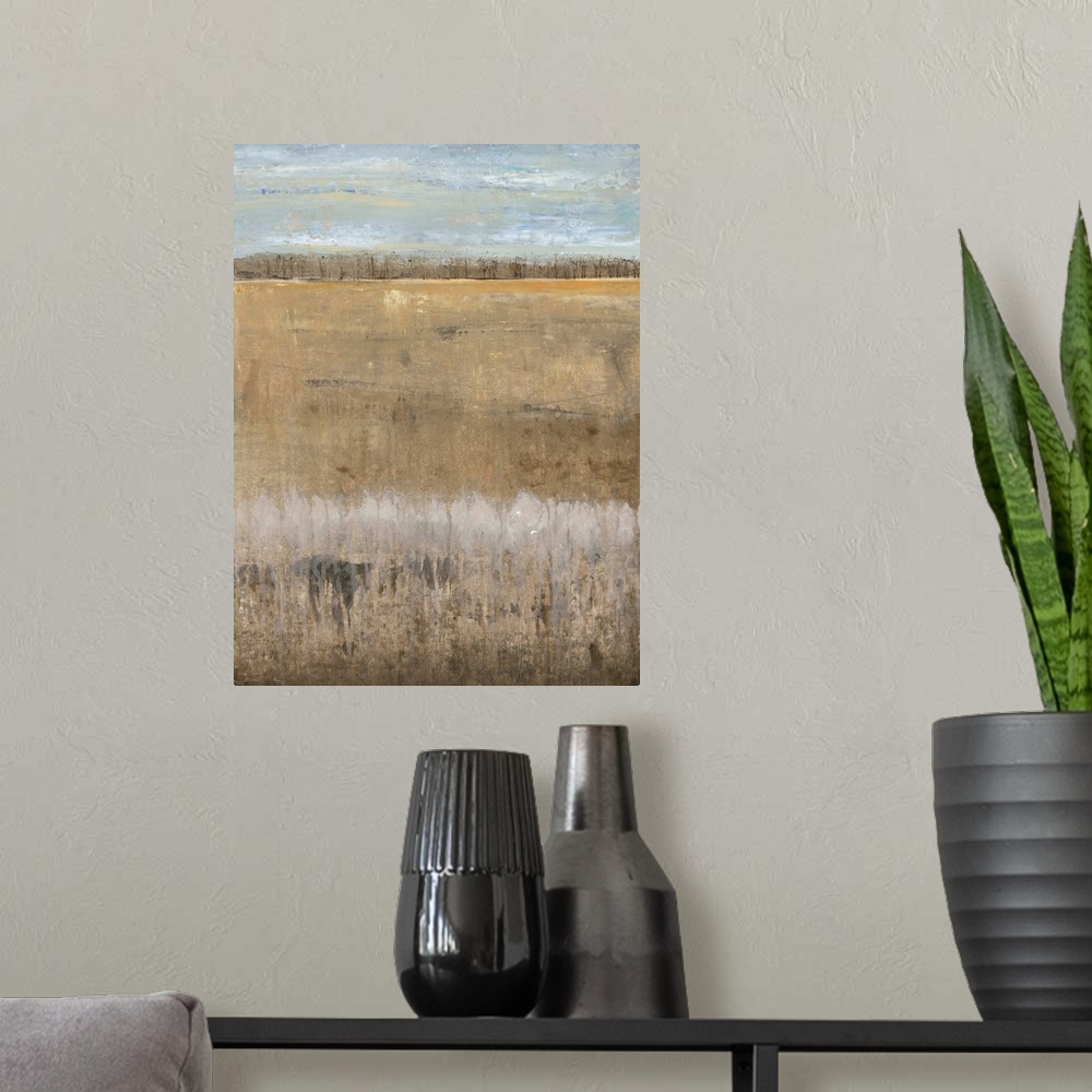 A modern room featuring Contemporary abstract painting using color and texture to suggest a landscape.