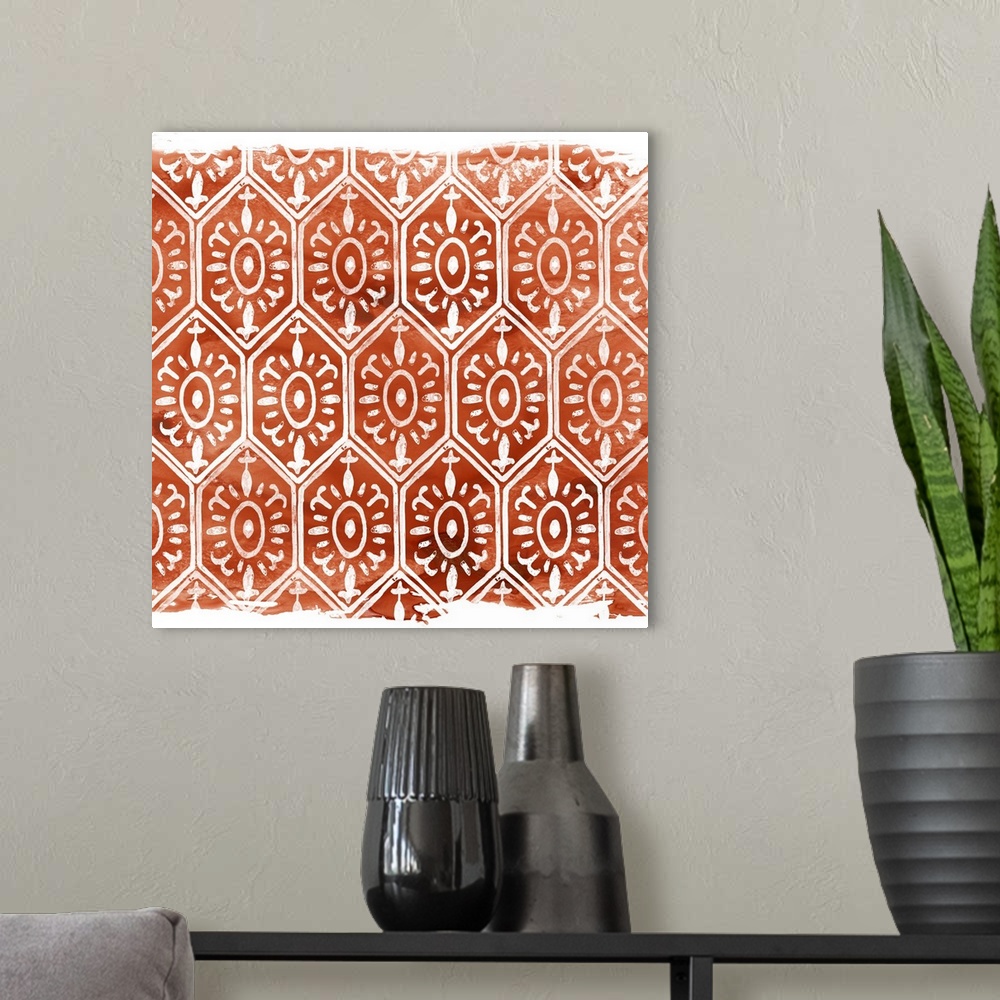 A modern room featuring Geometric orange and white classic fabric pattern.