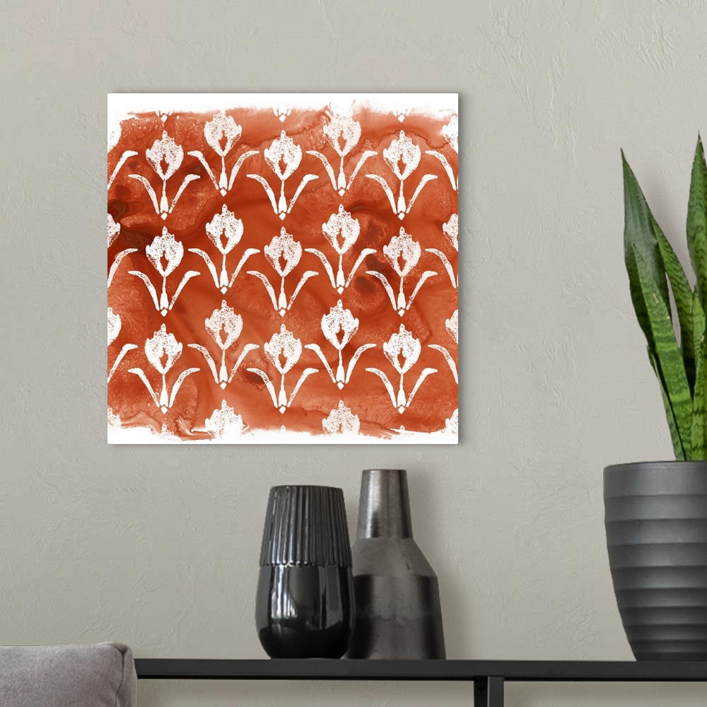A modern room featuring Geometric orange and white classic fabric pattern.