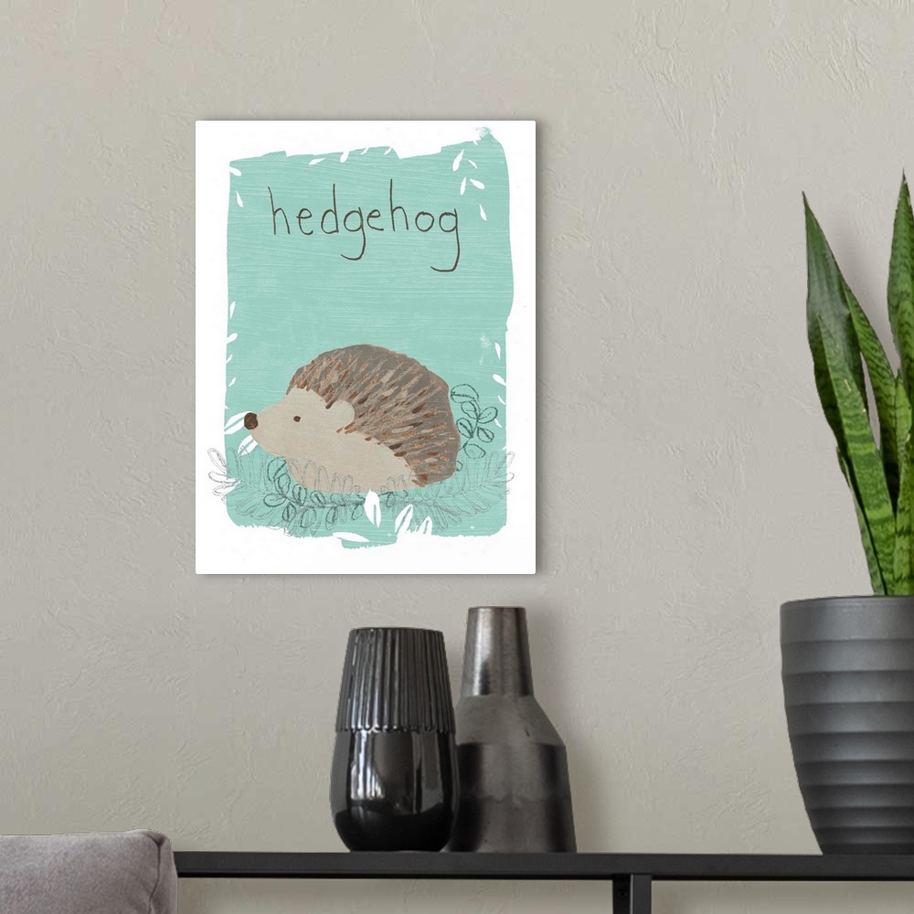 A modern room featuring Cute nursery decor featuring a hedgehog on a teal background.