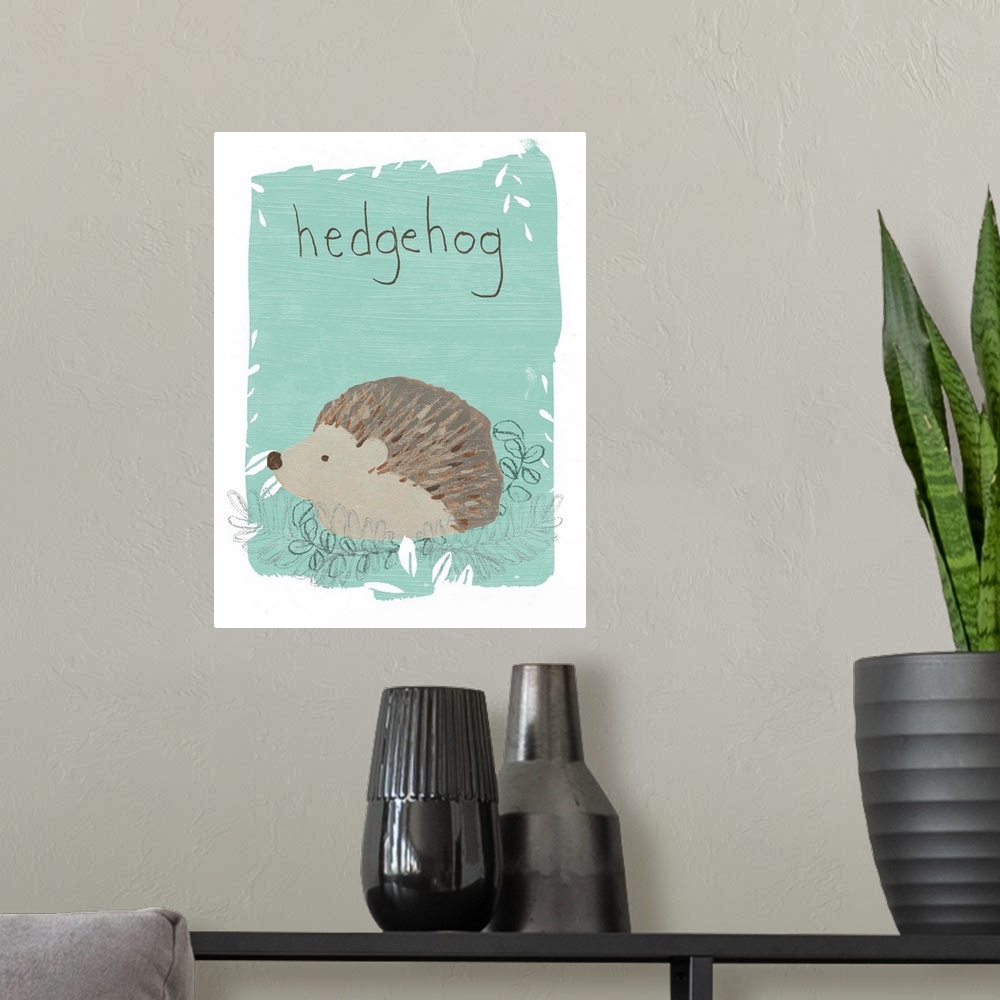 A modern room featuring Cute nursery decor featuring a hedgehog on a teal background.
