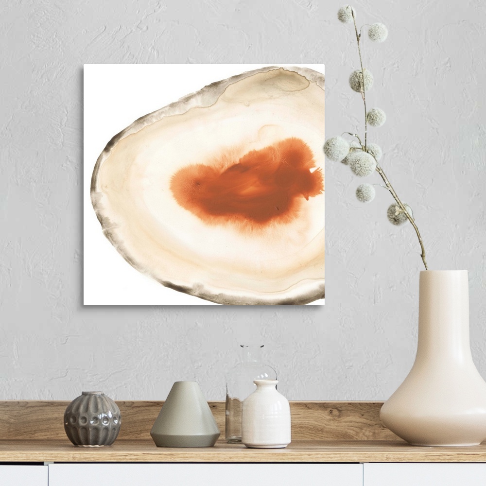 A farmhouse room featuring Watercolor painting of a geode stone with orange accents on a white background.