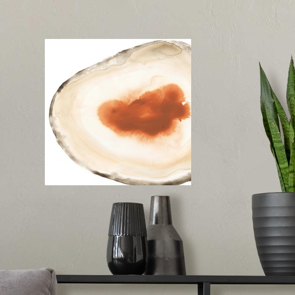 A modern room featuring Watercolor painting of a geode stone with orange accents on a white background.