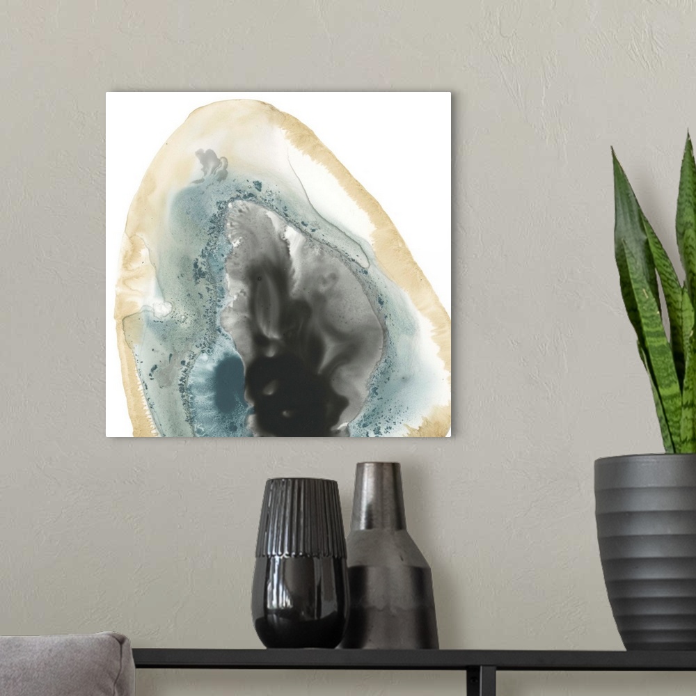 A modern room featuring Watercolor painting of a geode stone with blue accents on a white background.
