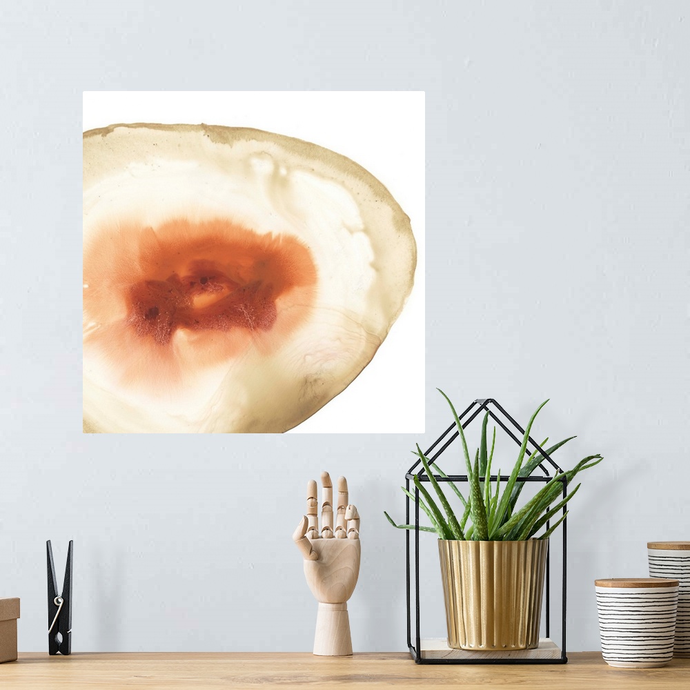 A bohemian room featuring Watercolor painting of a geode stone with orange accents on a white background.