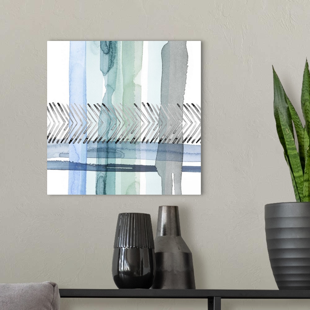 A modern room featuring Abstract watercolor painting made with cool tones and movement on a square background.