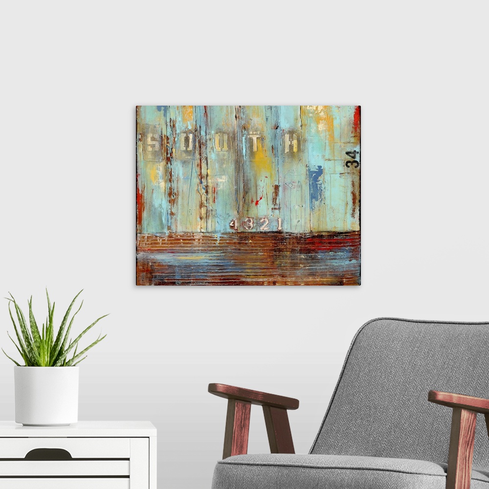 A modern room featuring Contemporary abstract painting using colors in a rustic weathered fashion with stenciled letters.