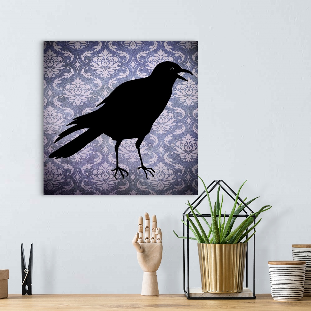 A bohemian room featuring Silhouette of a black crow on a purple damask background.