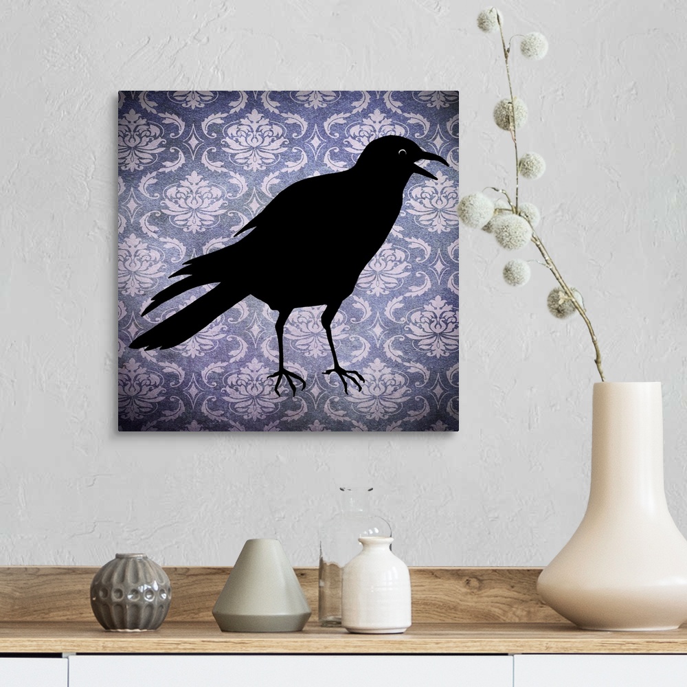 A farmhouse room featuring Silhouette of a black crow on a purple damask background.