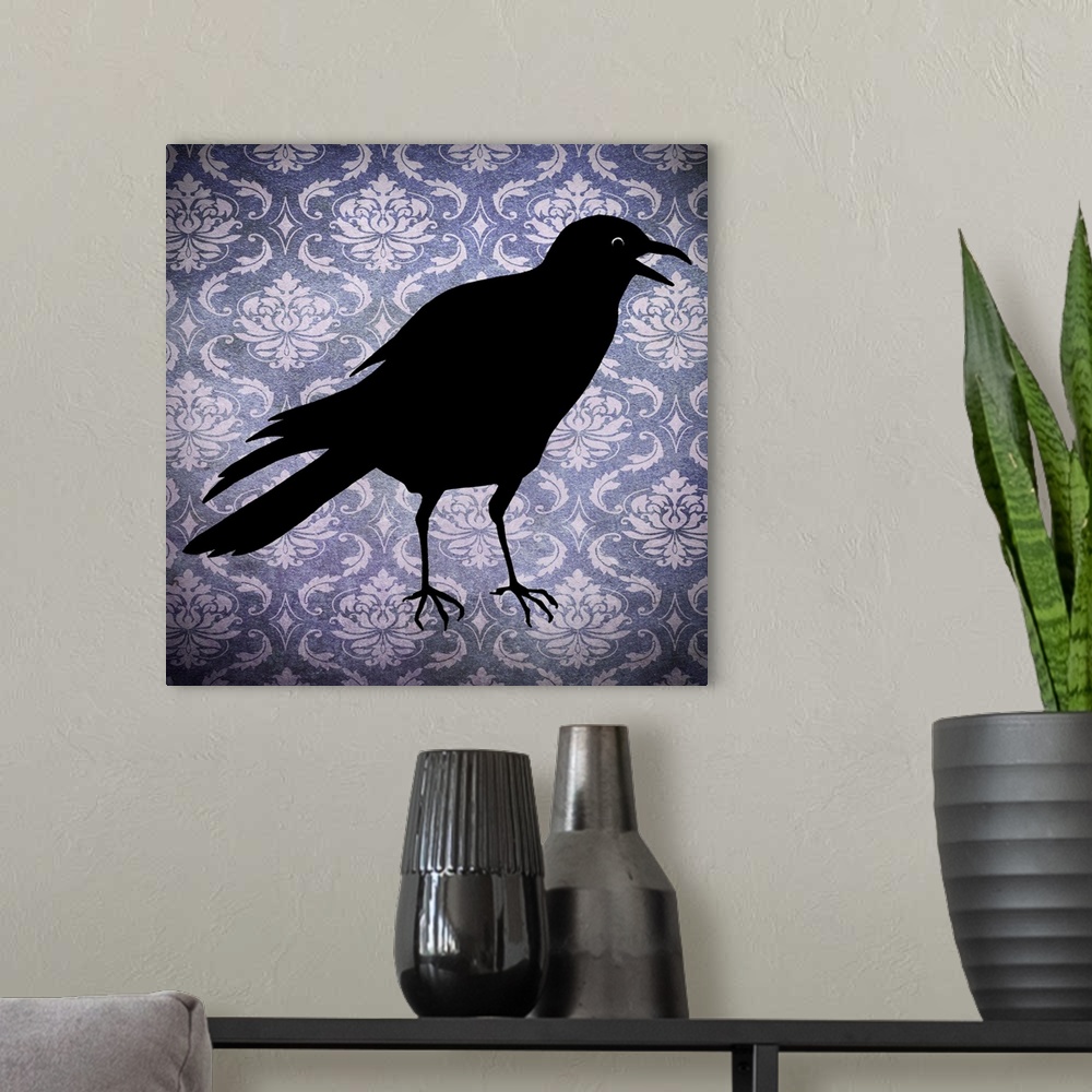 A modern room featuring Silhouette of a black crow on a purple damask background.