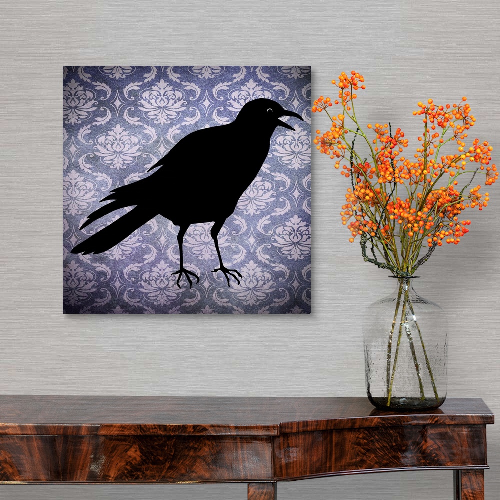 A traditional room featuring Silhouette of a black crow on a purple damask background.
