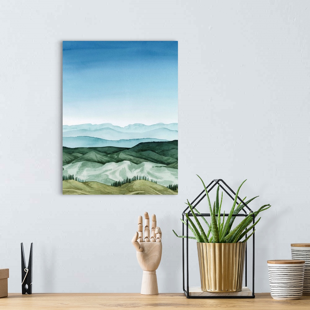 A bohemian room featuring In this blue and green watercolor landscape, mountains are defined by gradated shadows with light...