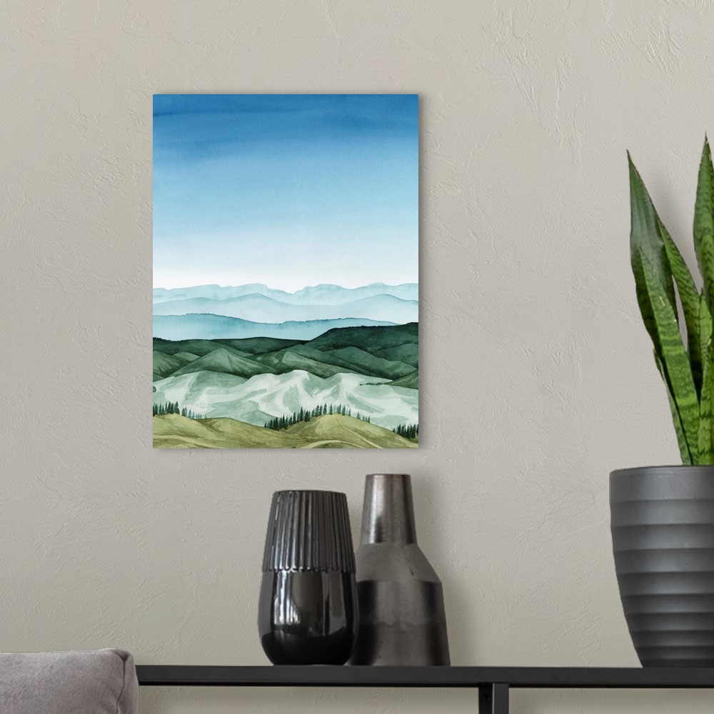 A modern room featuring In this blue and green watercolor landscape, mountains are defined by gradated shadows with light...