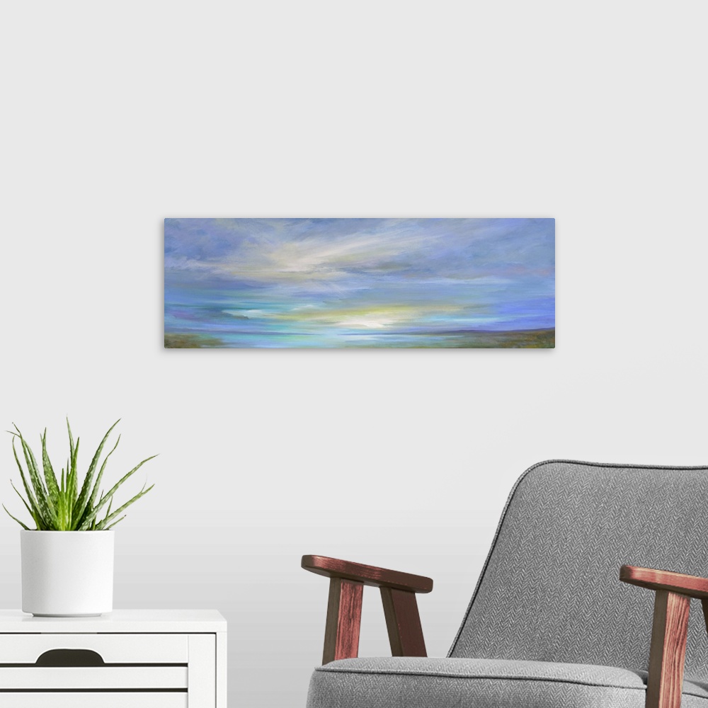 A modern room featuring Contemporary painting of pastel clouds over calm waters.