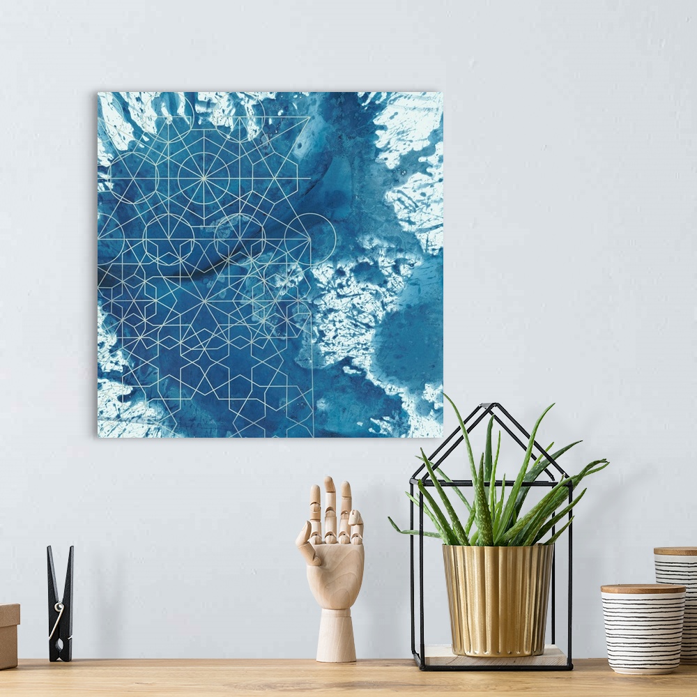 A bohemian room featuring Blue splatter abstract art with intricate geometric patterns.
