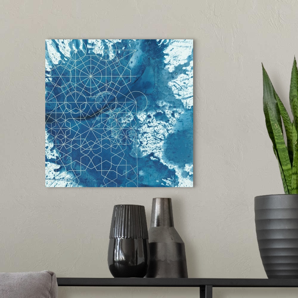 A modern room featuring Blue splatter abstract art with intricate geometric patterns.