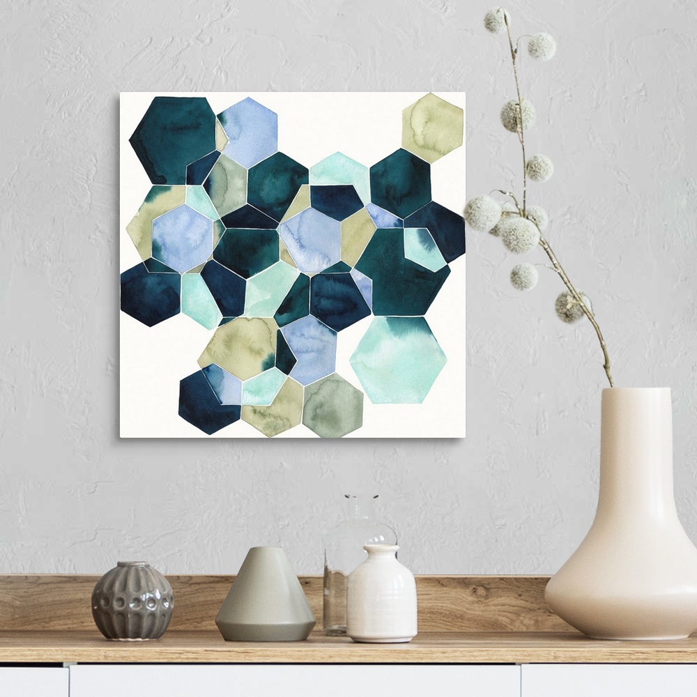 A farmhouse room featuring Watercolor geometric painting of intersecting hexagons in blue tones.