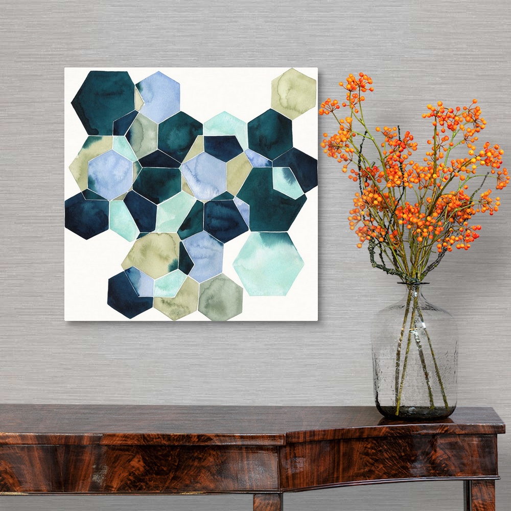 A traditional room featuring Watercolor geometric painting of intersecting hexagons in blue tones.