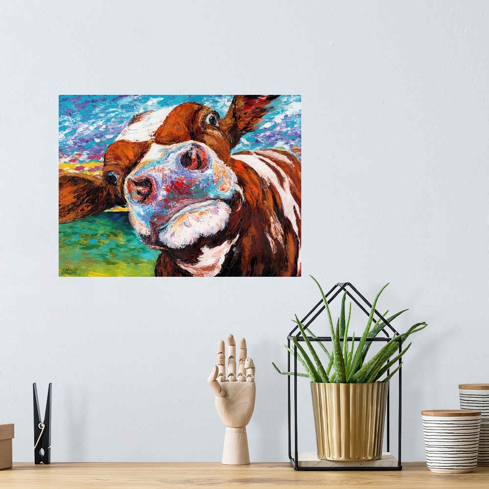 A bohemian room featuring A whimsical close up portrait of a brown and white cow sticking it's nose right up against the vi...
