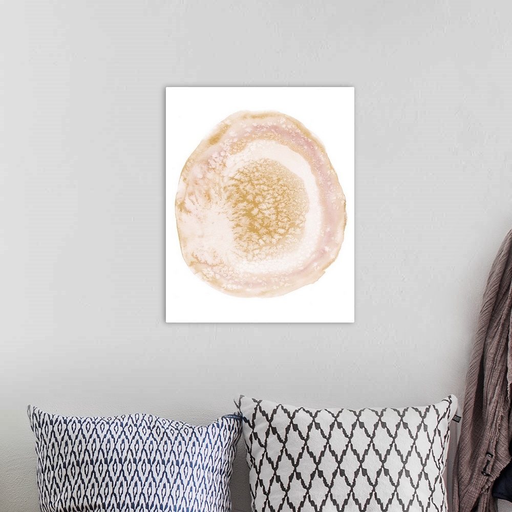 A bohemian room featuring Contemporary abstract watercolor painting of a pastel pink geode against a white background.