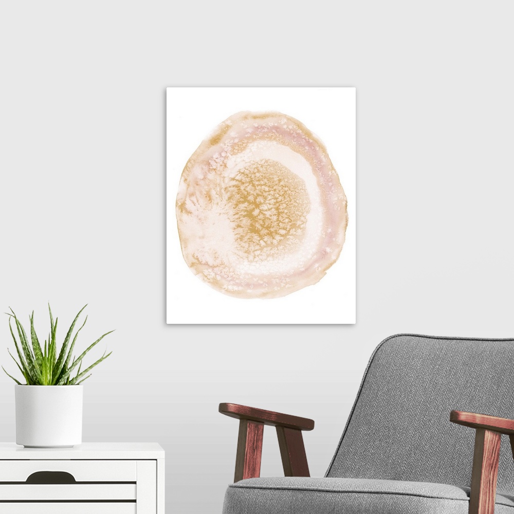A modern room featuring Contemporary abstract watercolor painting of a pastel pink geode against a white background.