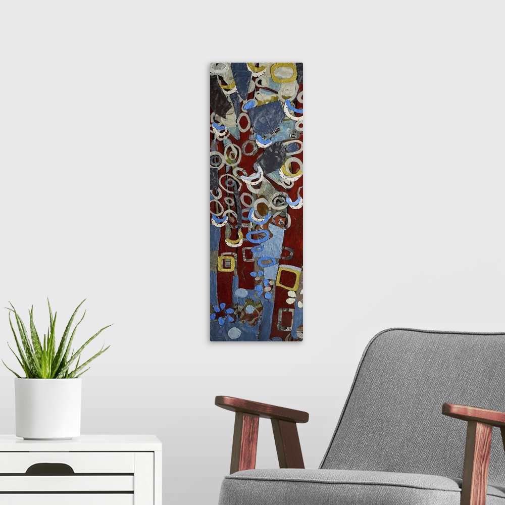 A modern room featuring This abstract interpretation of trees features a collage of cut paper in various color, size and ...