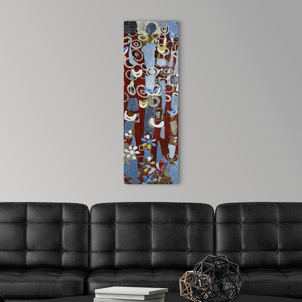 A modern room featuring This abstract interpretation of trees features a collage of cut paper in various color, size and ...