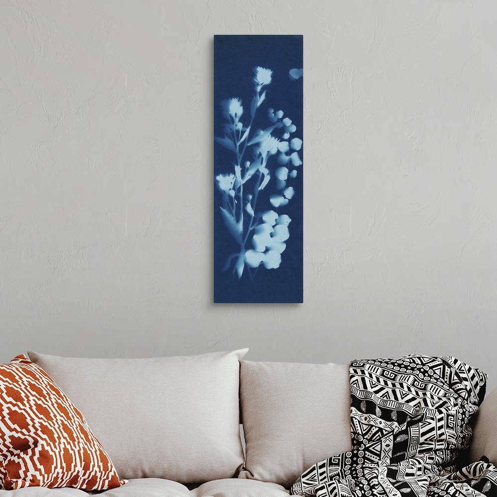 A bohemian room featuring A blueprint style cyanotype photograph of a plant.