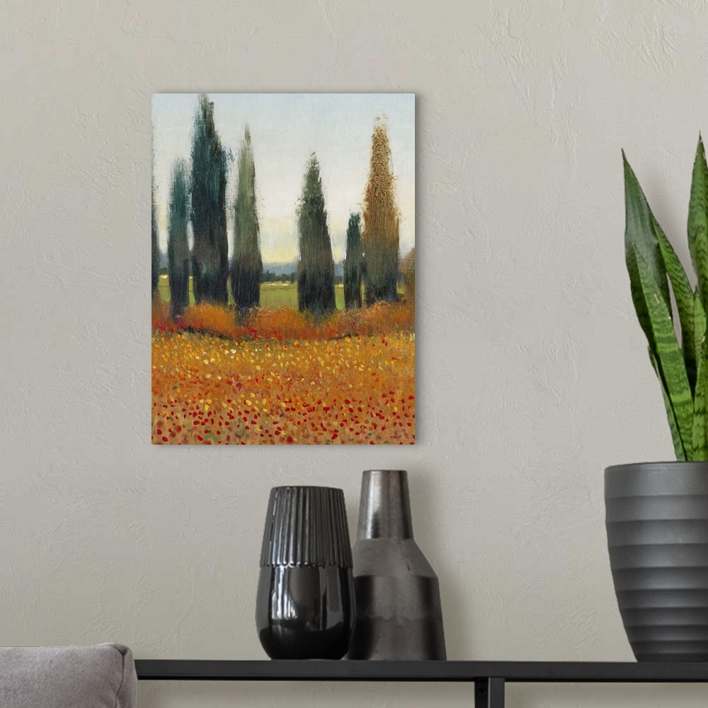 A modern room featuring Painting of a row of cypress trees in the Italian countryside.