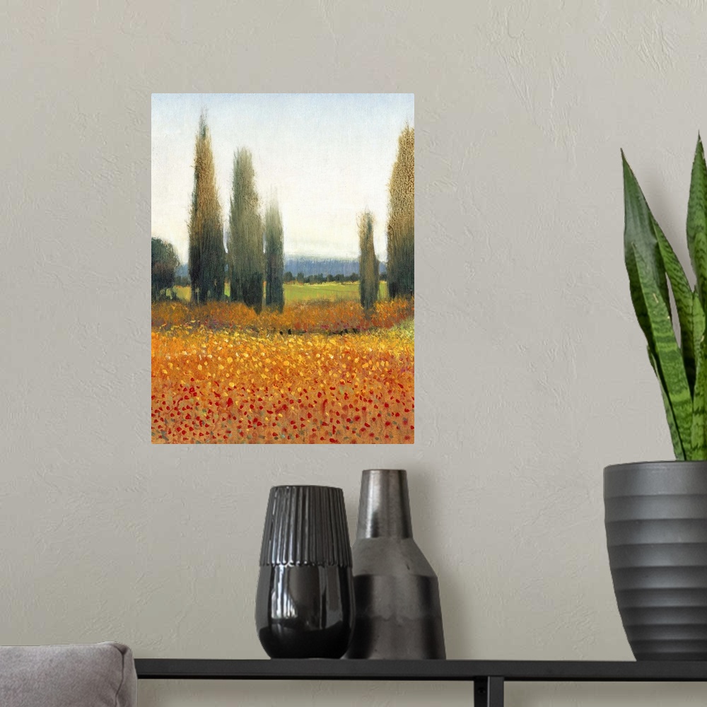 A modern room featuring Painting of a row of cypress trees in the Italian countryside.