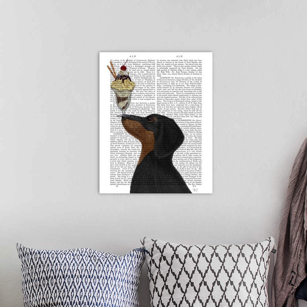 A bohemian room featuring Decorative artwork of a black and tan dachshund balancing an ice cream sundae on its nose, painte...
