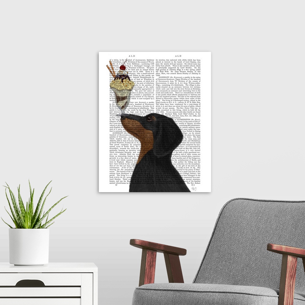 A modern room featuring Decorative artwork of a black and tan dachshund balancing an ice cream sundae on its nose, painte...