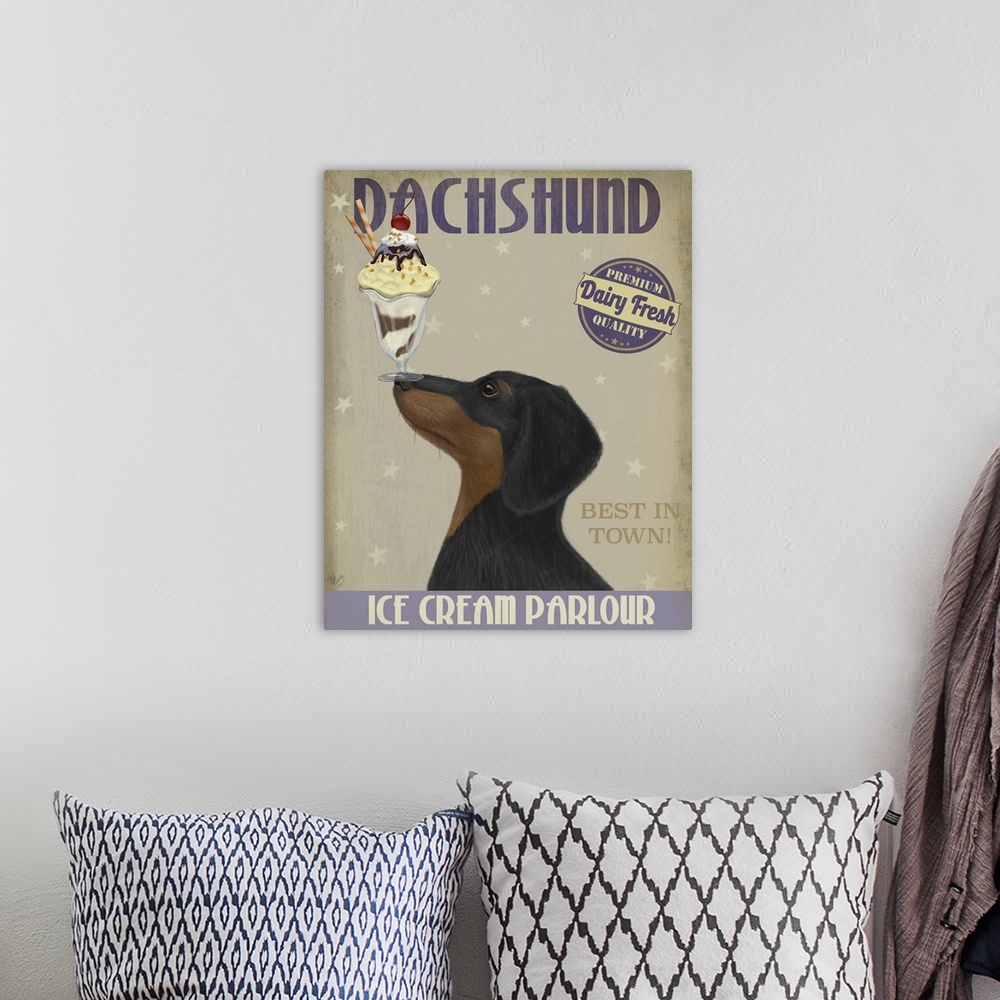 A bohemian room featuring Decorative artwork of a Dachshund balancing an ice cream sundae on its nose in an advertisement f...