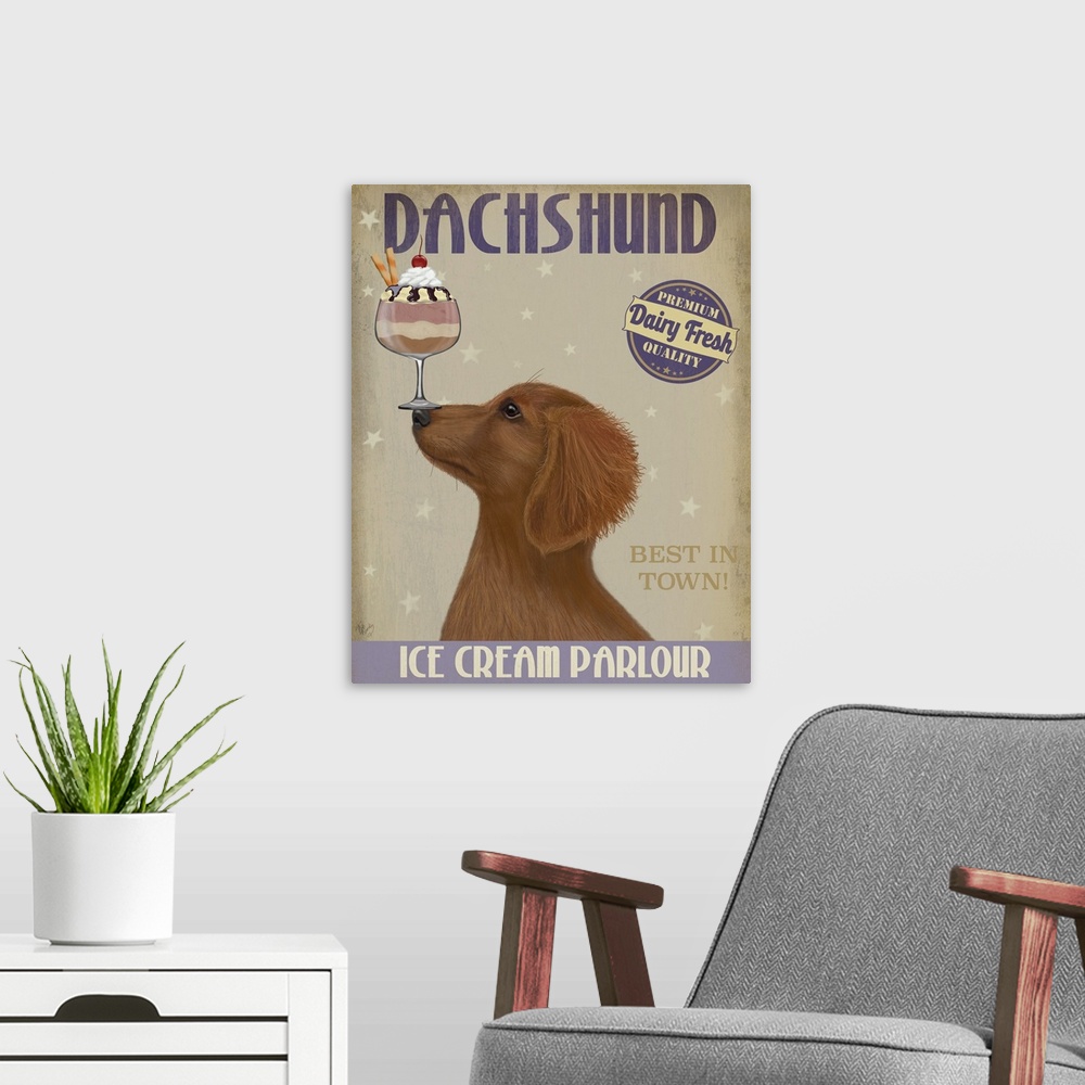 A modern room featuring Decorative artwork of a Dachshund balancing an ice cream sundae on its nose in an advertisement f...