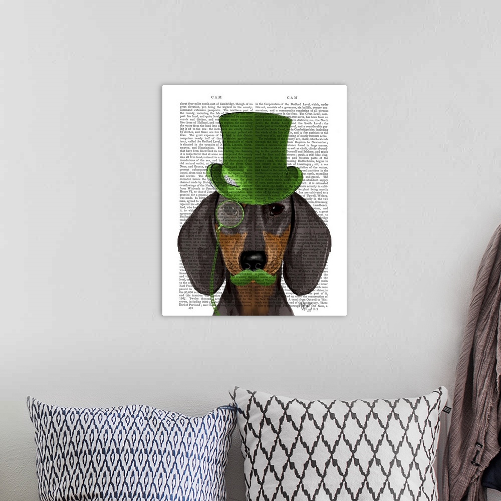 A bohemian room featuring Dachshund with Green Top Hat Black Tan