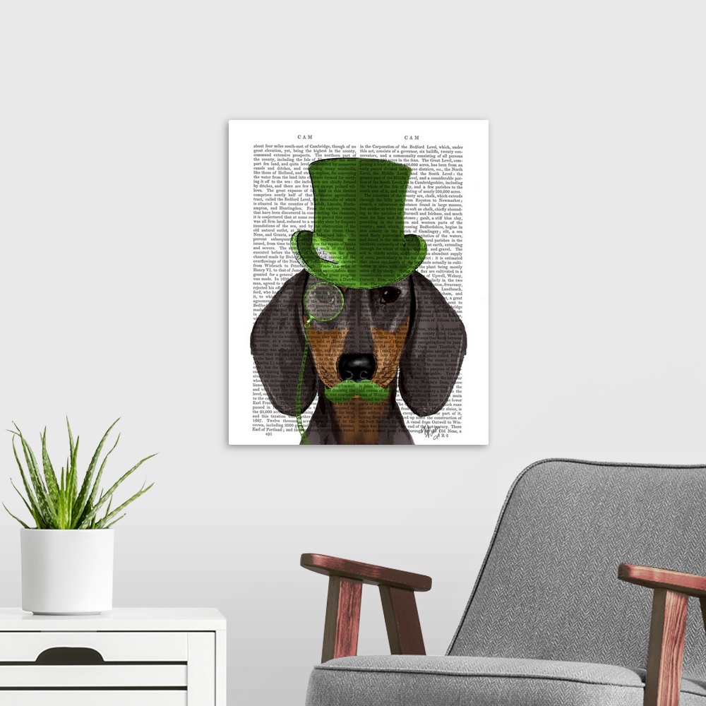 A modern room featuring Dachshund with Green Top Hat Black Tan