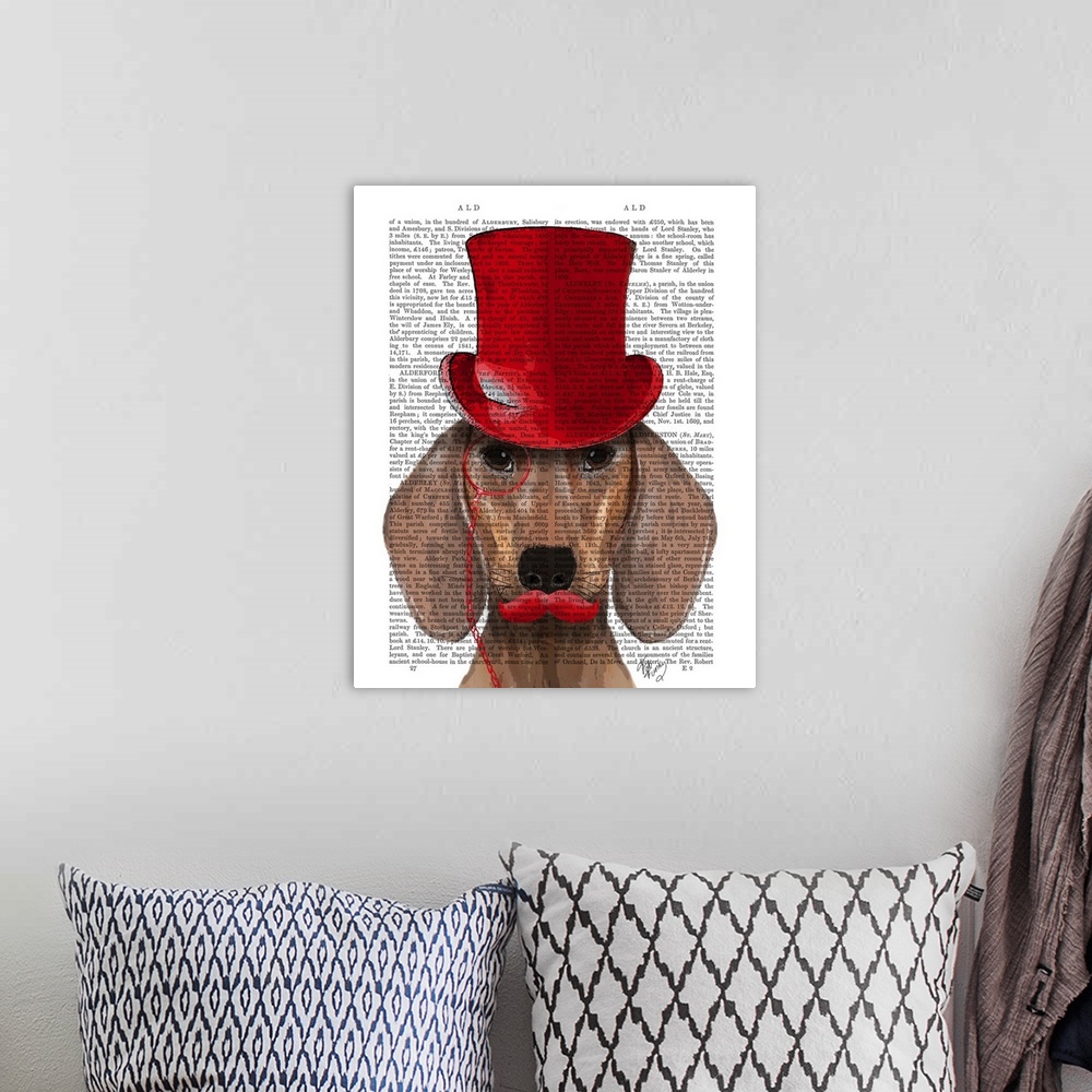 A bohemian room featuring Dachshund With Red Top Hat and Moustache