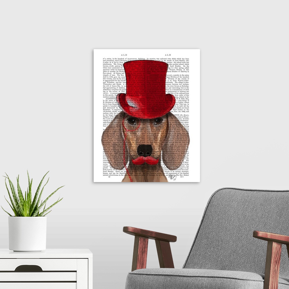 A modern room featuring Dachshund With Red Top Hat and Moustache