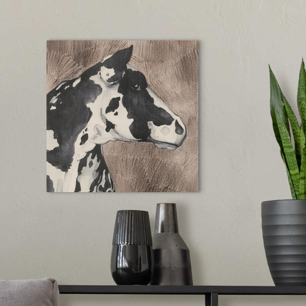 A modern room featuring Dairy Cow Portrait I