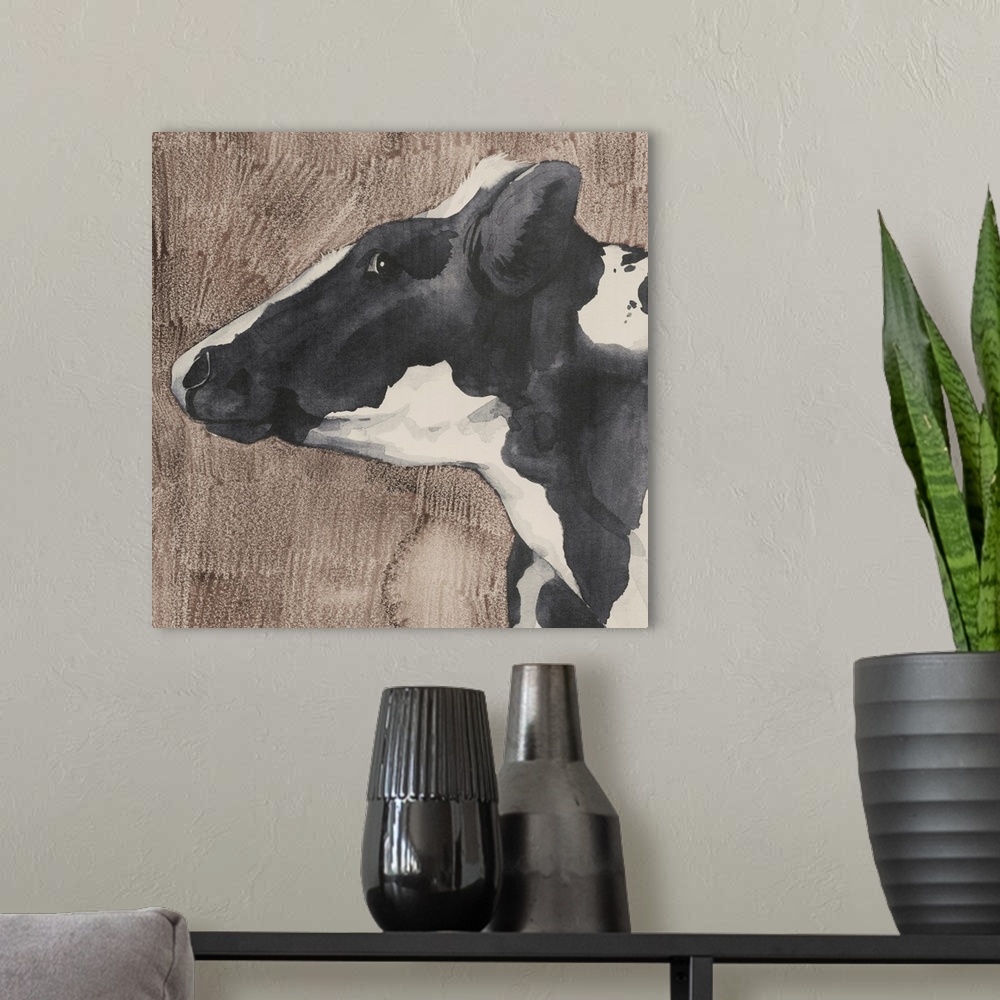 A modern room featuring Dairy Cow Portrait II