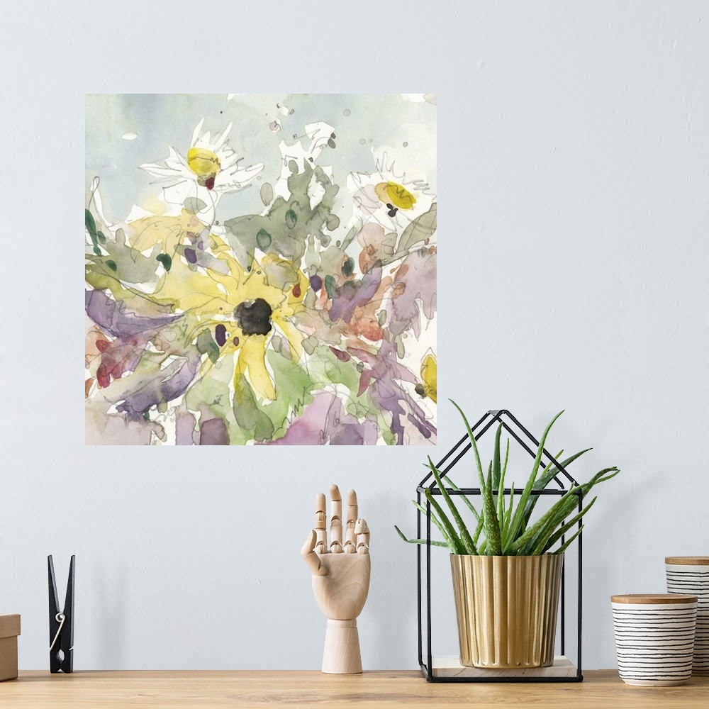 A bohemian room featuring Muted watercolor painting of a vase full of flowers with fine outlines in gray.