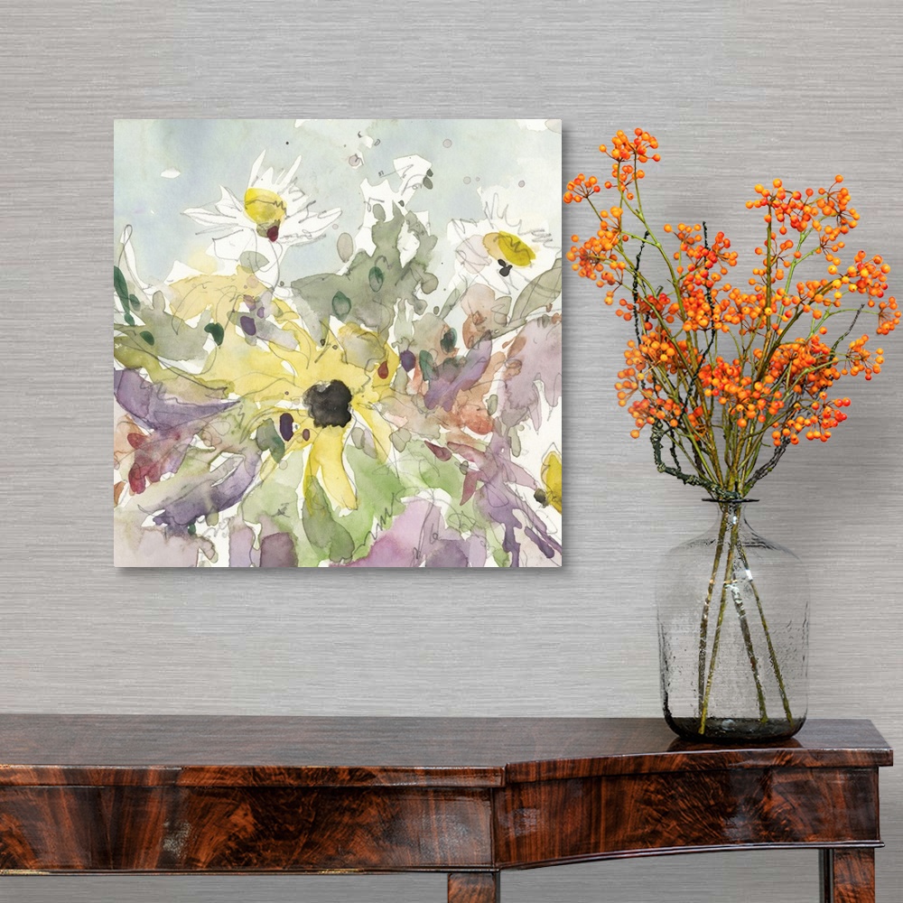 A traditional room featuring Muted watercolor painting of a vase full of flowers with fine outlines in gray.