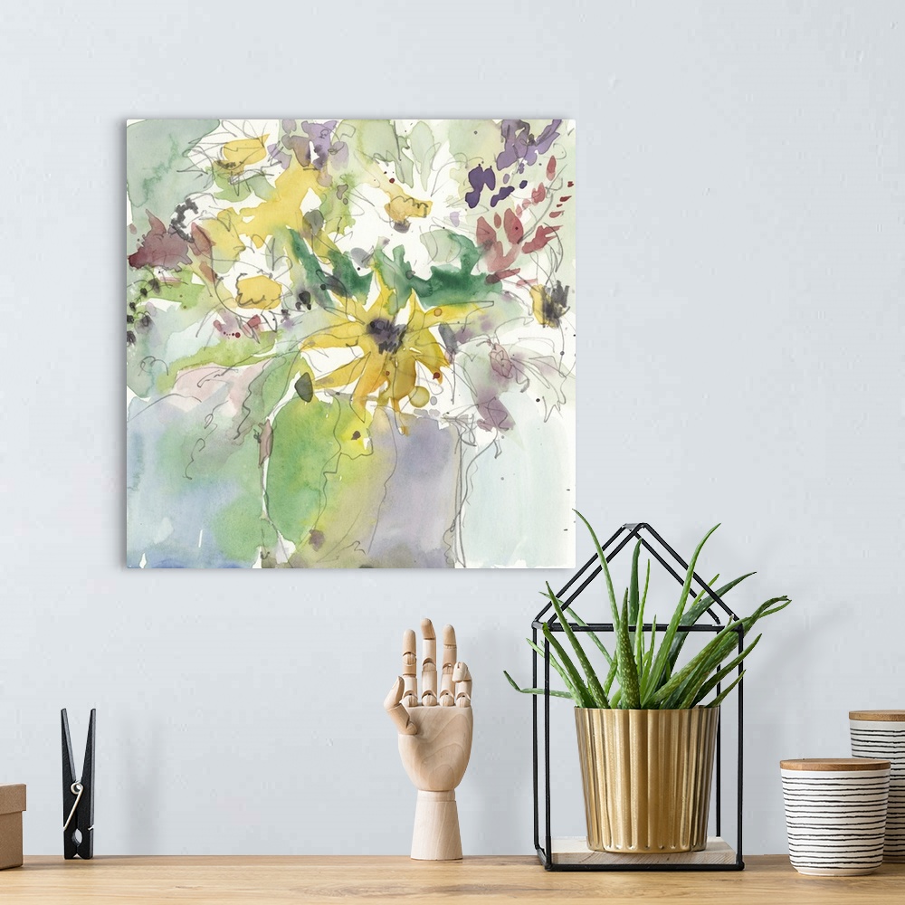 A bohemian room featuring Muted watercolor painting of a vase full of flowers with fine outlines in gray.