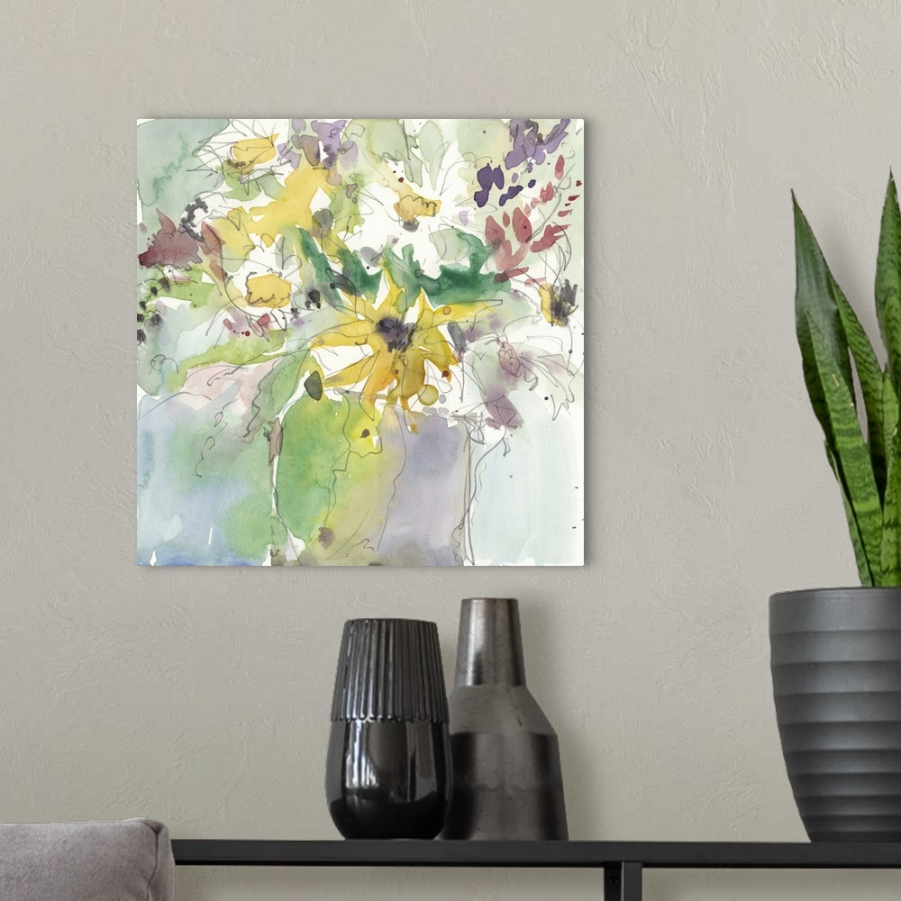 A modern room featuring Muted watercolor painting of a vase full of flowers with fine outlines in gray.
