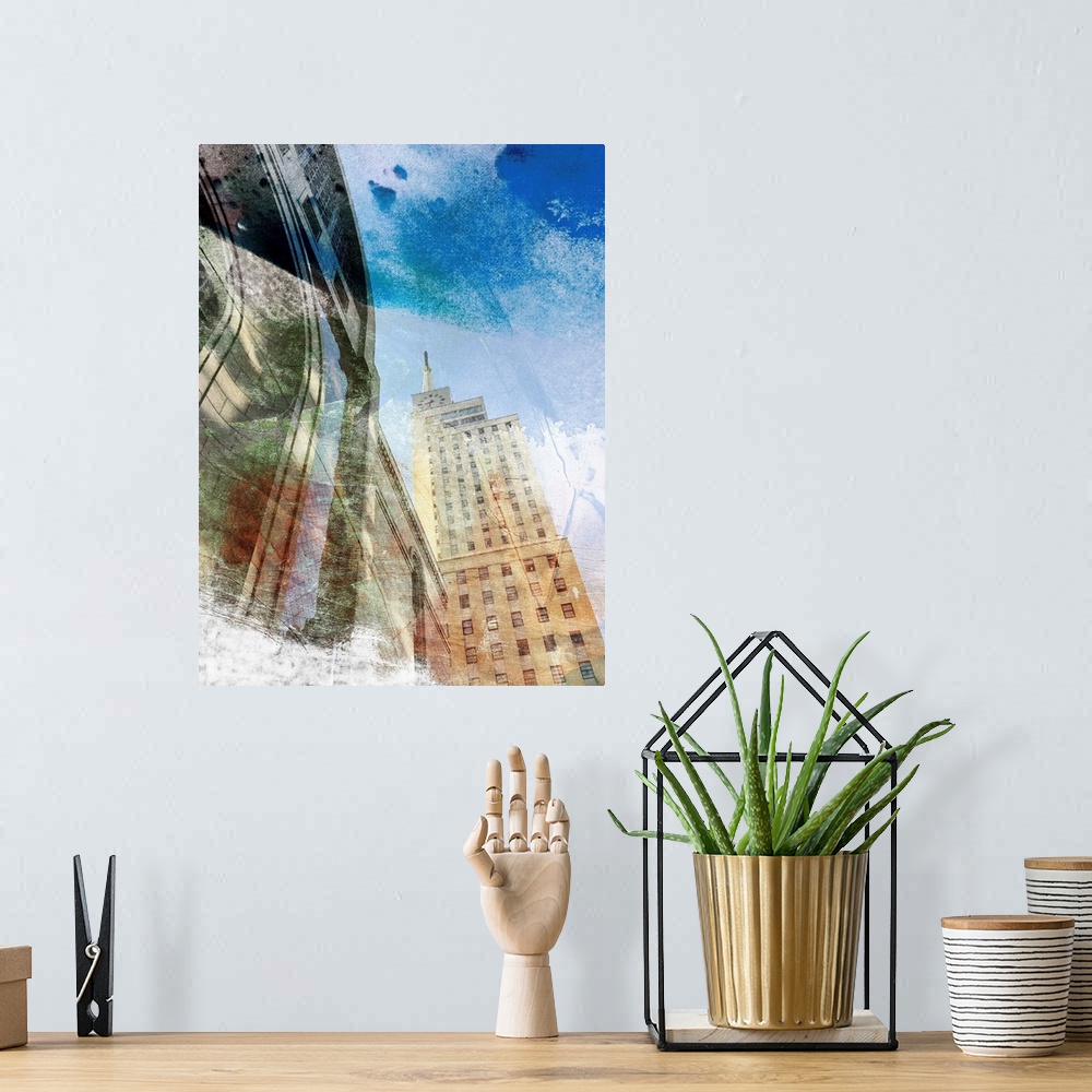 A bohemian room featuring Abstract photograph of architecture in downtown Dallas, TX with a rough textured overlay.