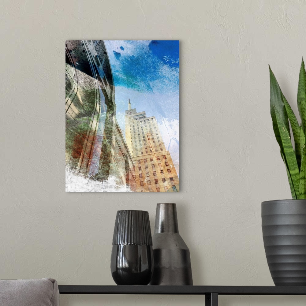 A modern room featuring Abstract photograph of architecture in downtown Dallas, TX with a rough textured overlay.