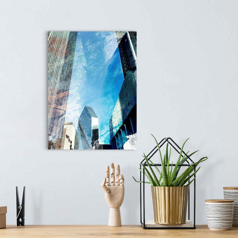 A bohemian room featuring Abstract photograph of architecture in downtown Dallas, TX with a rough textured overlay.