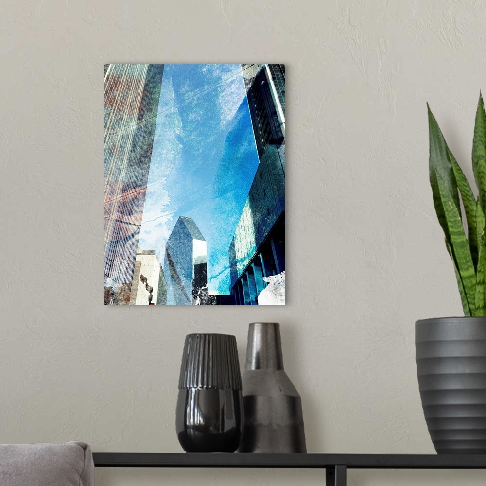 A modern room featuring Abstract photograph of architecture in downtown Dallas, TX with a rough textured overlay.